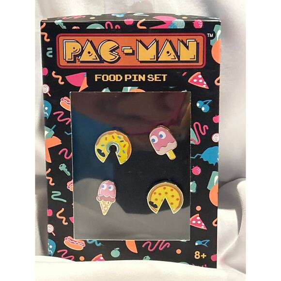 NEW PAC-MAN Food Pin Set (Set of 4 Pins) Pizza Ice Cream Donut NIB - Picture 1 of 2